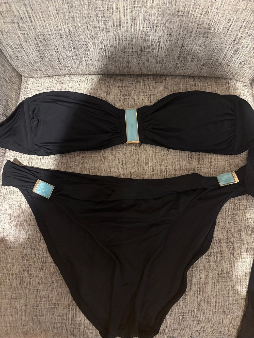 Hervanny Black Bandeau Bikini Set with Gold Script Tag